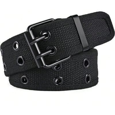 Heren en Dames Dubbelrijige Riem Dubbel Gat Middelbare Leeftijd en Jonge Mannen Tooling Trend Punk Luchtgat Naald Gesp Riem 120cm zwart