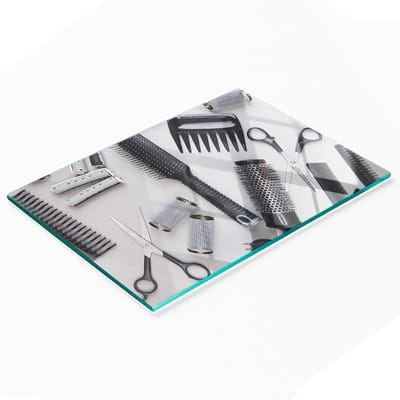 Duurzame en stijlvolle glazen snijplank met patroon voor kappersgereedschap 80x52 cm