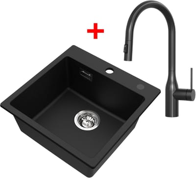 CECIPA Max Spoelbak Met Kraangat - Granieten Spoelbak Met Uittrekbare Uitloop Keukenkraan - 45x45cm Graniet Spoelbak Onderbouw Spoelbak - 80% kwartszand en 20% hars - Antraciet