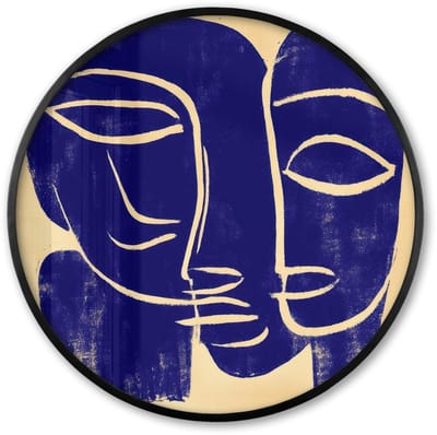 Poster in lijst Rond - Fotolijst 60x60 cm - Posters - Okergeel - Blauw - Eenvoudige lijnen - Ronde posterlijst zwart - Decoratie - Wanddecoratie woonkamer - Muurdecoratie slaapkamer