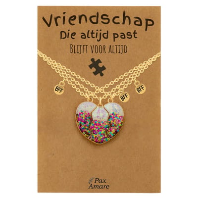 BFF Ketting voor 3 'Vriendschap die altijd past' - Magnetisch Glitter Hartje - Vriendschapsketting op Cadeau Kaartje - 45cm + 5cm verstelbaar - Goudkleurig - Best Friends Hanger - Pax Amare