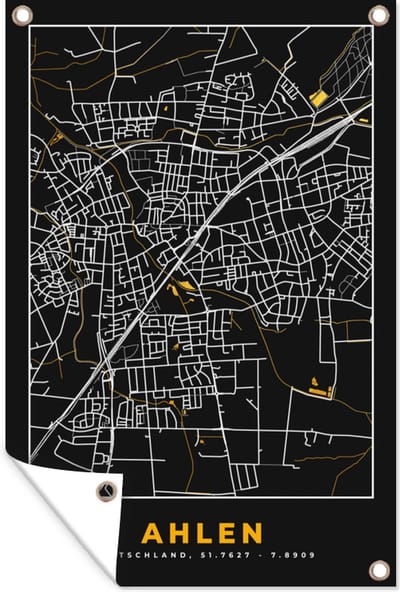 Muurdecoratie Duitsland – Black and Gold – Ahlen – Stadskaart – Kaart – Plattegrond - 120x180 cm - Tuinposter - Tuindoek