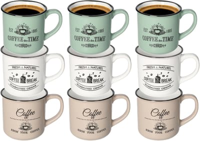 Excellent Houseware Koffiemok Cosy - set van 9x - groen / beige / wit - 330 ml - mokken - keramiek
