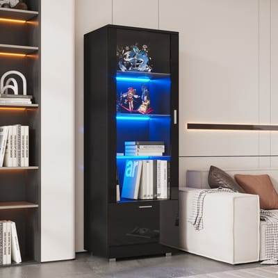 STILVORA Vitrinekast - Zwarte Hoogglans Vitrine Met Acryldeuren En LED 20 Kleuren Afstandsbediening - 3 Geharde Glazen Planken - Spanplaat - 40x50x160 cm