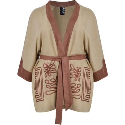 Kimono met labyrintvormige borduursels in gemengde linnen voor vrouwen Mat Fashion