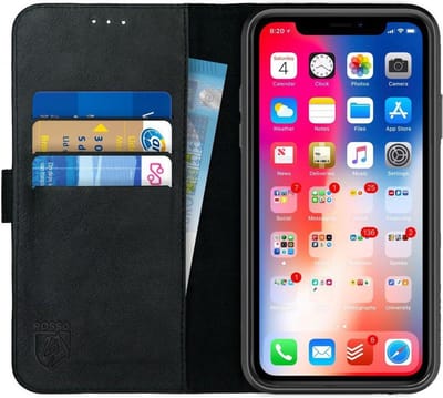 Rosso Deluxe Echt Leer Book Case Hoesje Geschikt voor Apple iPhone XR | Ruimte voor drie pasjes | Portemonnee Book Case | Met Pasjeshouder | Zwart