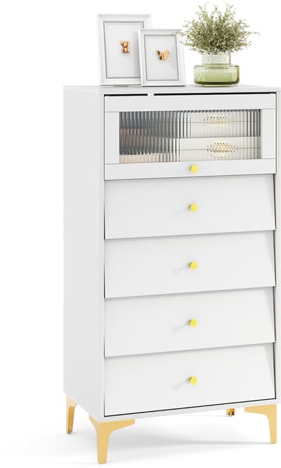 COSTWAY Commode met 4 laden, dressoir met opklapbare glazen deur, opbergkast van hout met metalen poten en kantelbeveiliging, bijzetkast voor slaapkamer, entree, hal (wit)