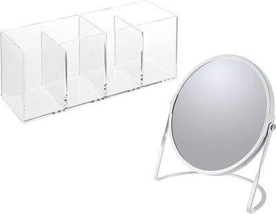 Spirella Make-up organizer en spiegel set - 4 vakjes - plastic/metaal - 5x zoom spiegel - wit/transparant