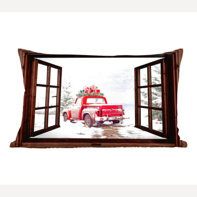 Sierkussens - Kussentjes Woonkamer - 50x30 cm - Doorkijk - Auto - Rood - Cadeaus - Winterlandschap - Kerst