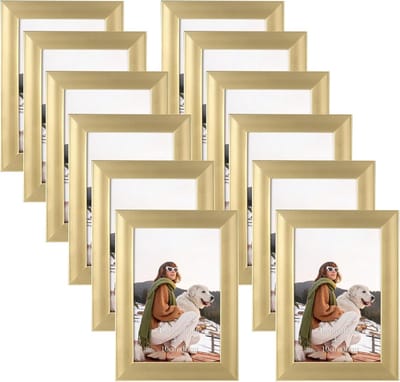 Famanu - Set van 12 fotolijsten 10x15 cm voor 15x10 foto's en afbeeldingen, opvallende gouden fotolijsten collage met kunststof frame – wand- of tafelstandaard