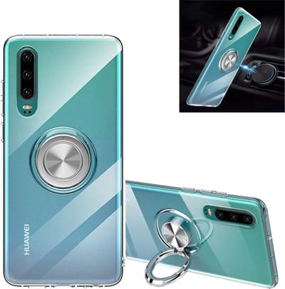 Hoesje Geschikt voor Huawei P30 Lite / P30 Lite New Edition hoesje luxe Carbon Fiber Ring houder Armor - Transparent