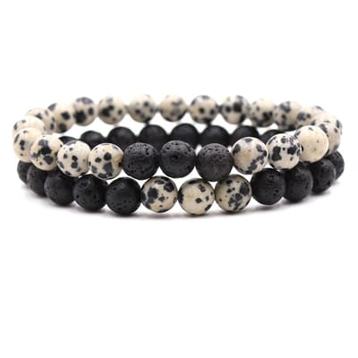 Bixorp Gems Dubbele Natuursteen Armband voor Man & Vrouw - Wit Gespikkeld/Zwart contrast - Edelsteen Armband Cadeau - Dalmatiër Jaspis & Lavasteen - 18cm