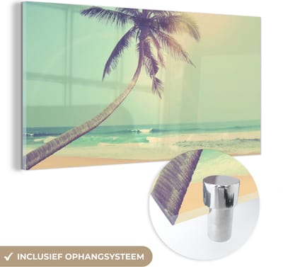 MuchoWow® Glasschilderij 40x20 cm - Schilderij acrylglas - Retro - Palmboom - Zon - Zomer - Foto op glas - Schilderijen