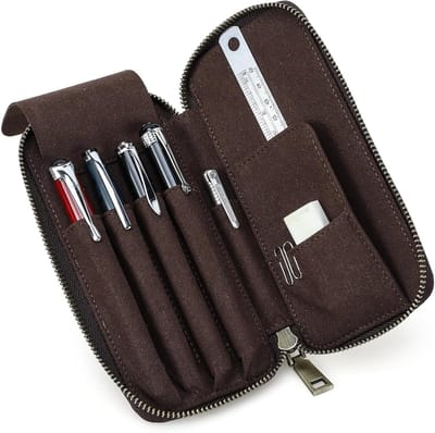 Leren Pennenhouder met 4 Vakken en Rits, Vintage Pennenorganiser voor Kantoor en School, Ideaal voor Mannen en Vrouwen