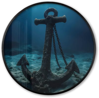 Poster in lijst Rond - Fotolijst 60x60 cm - Posters - Anker - Ijzer - Zeebodem - Zand - Ronde posterlijst zwart - Decoratie - Wanddecoratie woonkamer - Muurdecoratie slaapkamer