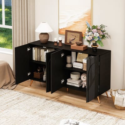 OKWISH Dressoir – Flurkast Met 3D Verticale Ribben – 3 Deuren – Verstelbare Planken – Metaal Zwart Goud