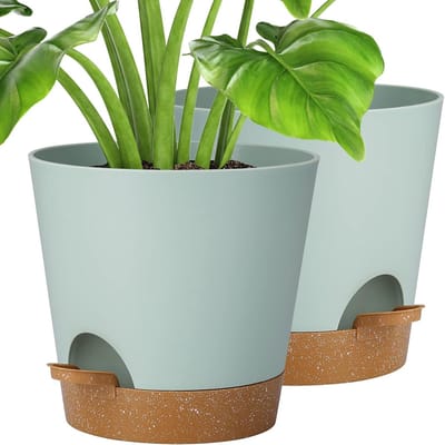 Famanu - Set van 2 moderne kunststof bloempotten 20,3 cm met irrigatiesysteem voor binnen en balkon