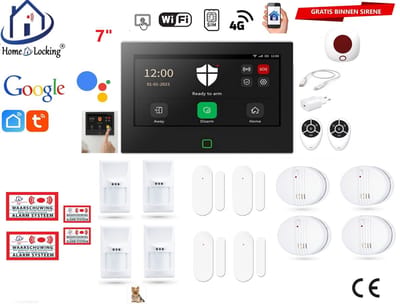 Draadloos / bedraad alarmsysteem met 7-inch touchscreen voor woning/camper/boot/caravan werkt met wifi en sim kaart en met spraakgestuurde apps. (Nederlands of Frans stem en tekst). ST01B-50