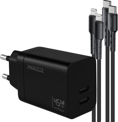 Phreeze oplader geschikt voor iPhone 14 13 12 11 X 8 7 SE iPad 5 6 7 8 9 Air Pro Max Plus - 45w dual usb C adapter - Geschikt voor Lightning naar usb C kabels inbegrepen 1m