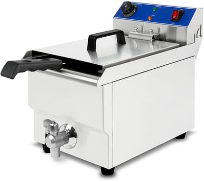 VERTES Friteuse Frituurpan Roestvrij staal 10 l (3000 W, 230 V, koudzoneprincipe, traploos instelbare temperatuur 50-250 °C, aftapkraan, frituurmand, resetknop, gebruik met olie en vloeibaar vet)
