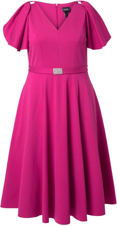 Ulla Popken - Dames - Midi-avondjurk sierstrikjes V-hals mouwloos - Magenta - Maat 54