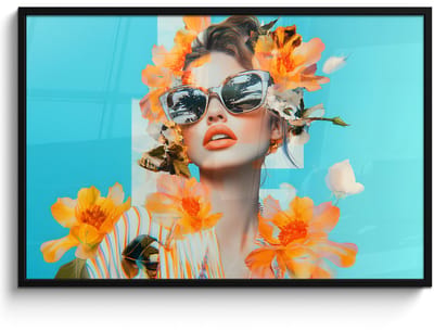 Poster in lijst - Fotolijst 120x80 cm - Posters - Bloemen - Vrouw - Zonnebril - Blauw - Posterlijst zwart - Decoratie - Wanddecoratie woonkamer - Muurdecoratie slaapkamer