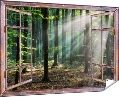 Gards Tuinposter Doorkijk Bos met Zon tussen de Bomen - 180x120 cm - Tuindoek - Tuindecoratie - Wanddecoratie buiten - Tuinschilderij