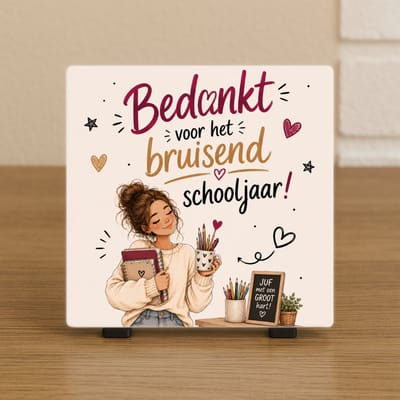 Wenstegeltje "Bedankt voor het bruisend schooljaar! Juf" – Woondecoratie – Spreuktegel – Trendy nu – Afscheid school, Juf – Decoratie – Zomaar – Decoratief Tegeltje met Standaard – Cadeau Idee