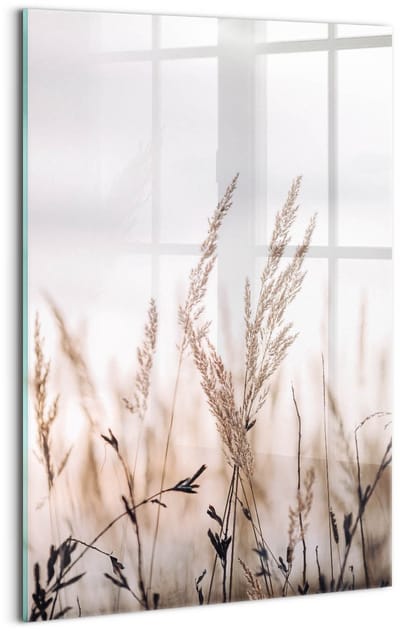 Wallfluent Glasschilderij - Natuurlijke grasstijl in boho-stijl Schilderij Glas - 40x60 cm - Beige Verticale Muurschildering - Natuur Glas Foto - Glas Schilderij - Foto Glas