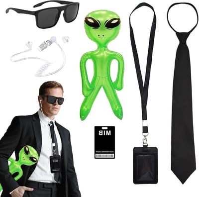 Set van 7 Agent Kostuumaccessoires voor Spionnen met Opblaasbare Alien Zonnebril, ID Kaart, Neppetje en Stropdashouder
