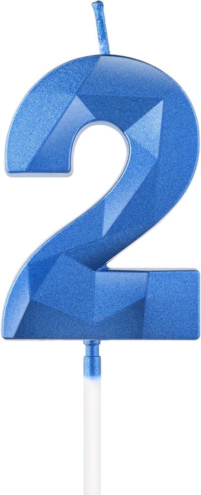 Famanu – Koningsblauwe verjaardagskaars cijfer 2, 3D taarttopper voor tweede verjaardag