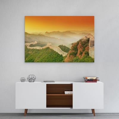 Artaza Canvas Schilderij Chinese Muur - 90x60 cm - Wanddecoratie Landschap - Muurdecoratie Bergen - Schilderijen Op Canvas Zonsondergang