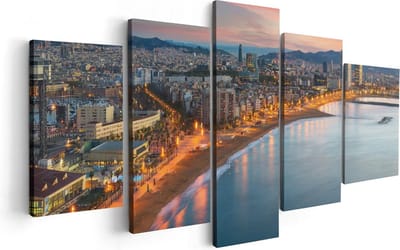 Artaza Canvas Schilderij Vijfluik Barcelona Strand met Stad bij Zonsondergang - 100x50 - Foto Op Canvas - Canvas Print
