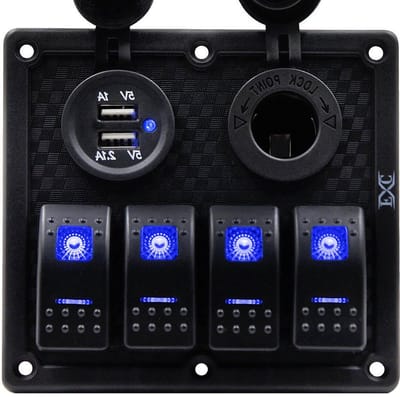 Schakelpaneel Boot - 4 Gang Paneel - Marine Gebruik - Dubbele USB Poorten - 130x120x90mm - Blauw