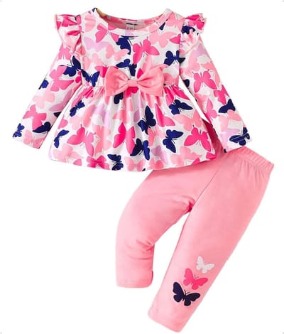 Babymeisje Set Lange Mouw Roze Shirt met Strik en Pantalon met Strikjes Schattige Kleding 6-36 Maanden