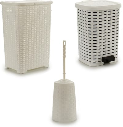 Badkamer/toilet accessoires set van kunststof 3-delig ivoor wit - Wasmanden/pedaalemmers/toiletborstels