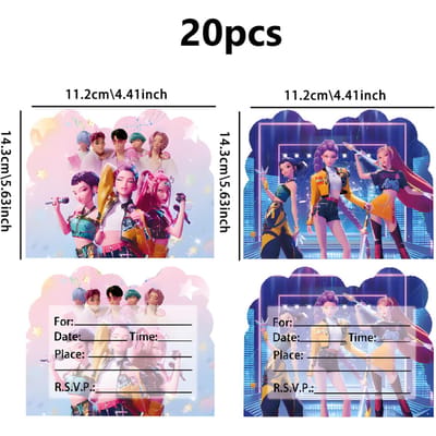 Perfect 12 STUKS Kpop Demon Hunters Thema Uitnodigingskaarten Enkel- en Dubbelzijdig Leuke Cartoon Verjaardagsfeest Uitnodigingskaarten voor Kinderen Fans pink