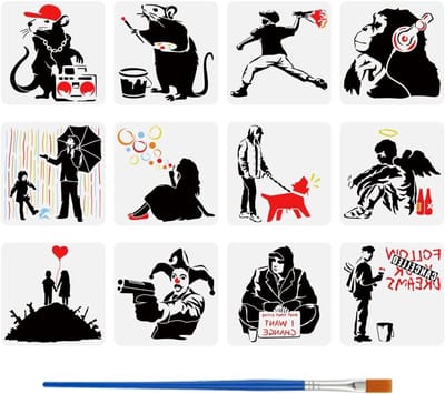 12 Stuks Banksy Teken Sjablonen met Borstel 30x30cm voor Schilderen op Hout - Meisje, Jongen, Engelen en Clowns Thema Sjablonen voor Creatieve Projecten