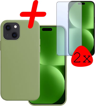 Hoesje Met 2x Screenprotector - Geschikt voor Apple iPhone 15 - Sterk & Shockproof - Back Cover - Siliconen Case - Telefoon Hoes - Groen