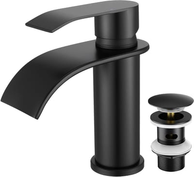 CECIPA Max Wastafelkraan - Zwarte Badkamerkraan - Mit Pop-up Afvoerventiel - Waterfall Wastafelkraan - Mengkraan -Koud en Warm - Waterbesparende - Mat zwart