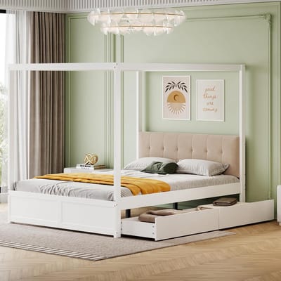 Bedframe met Hemel - Kinderbed Tent - Slaapkamer Inrichten - Met Opberglades - 140x200 cm - Wit