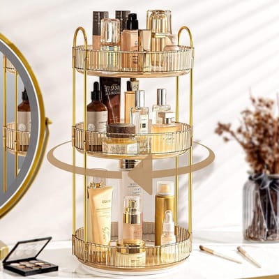 360° Draaiende Makeup Organizer met 3 Lagen - Acryl Cosmetica Opbergoplossing voor Schoonheid, Parfum en Sieraden in de Slaapkamer
