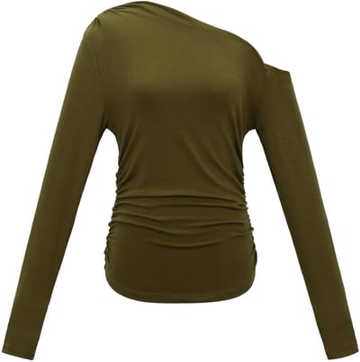 Elegante Off-Shoulder Top met Lange Mouwen – Aansluitende Dames Longsleeve van Fijngebreide Stretchstof – Stijlvolle Nauwsluitende Shirt-Top voor Elke Gelegenheid - Groen - S
