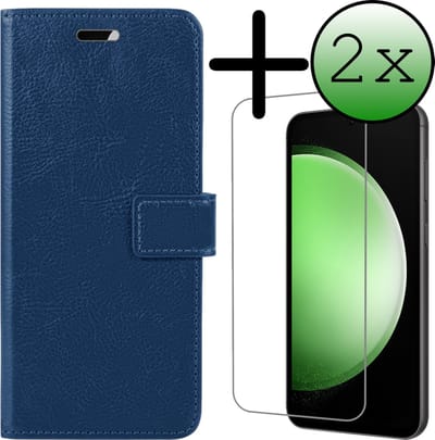 Hoesje Met 2x Screenprotector - Geschikt voor Samsung Galaxy S23 FE - Luxe Pasjeshouder - Bookcase Portemonee - Flip Case - Kunstleer Book Case - Flipcase Hoes - Book Cover - Walletcase - Portemonneehoes - Donkerblauw