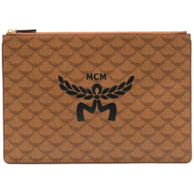 MCM Himmel Lauretos Goudkleurig Messing Beslag Canvas En Leer Clutch Tas Extra Groot Heren clutch tas Cognac MXZESAC04CO001 Basic Set (Bag+Dust Bag)