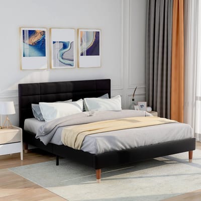 MEUNIQ gestoffeerd tweepersoons bedframe 140x200 cm met lattenbodem, hoofdbord en opbergruimte onder bed, bed voor slaapkamer in zwart