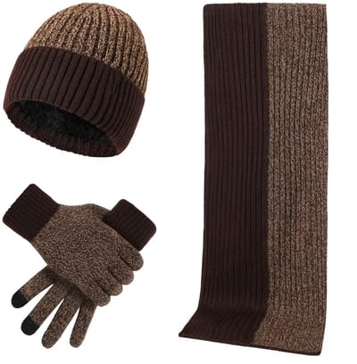 3-Delige Winterset voor Mannen en Vrouwen – Wollen Muts, Lange Sjaal en Touchscreen Handschoenen | Warme Mutsen, Sjaals en Handschoenen Set voor Koude Winterdagen