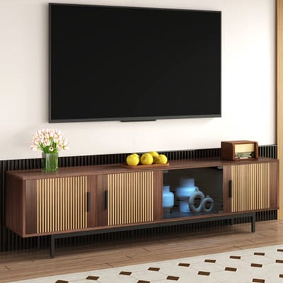 Modern TV-meubel 200x35x53 cm met LED-verlichting & Gehard Glazen Deuren – Stijlvol Lowboard met Gestructureerd Design voor Woonkamer