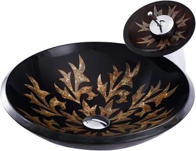 Glazen Wastafel - Ronde Waskom - Badkamer Opbouw - Watervalkraan Inclusief - 45 cm - Bruin