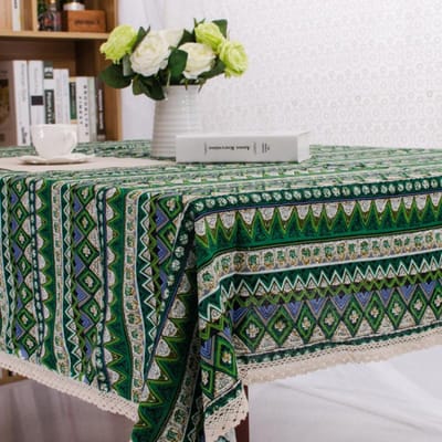 Style Ethnique Coton Lin Rayé Housse de Bureau Housse de Table de Salle à Manger d'Hôtel Tissu de Protection Anti-poussière Nappe Décorative Ménagère Anti-poussière 90x90cm